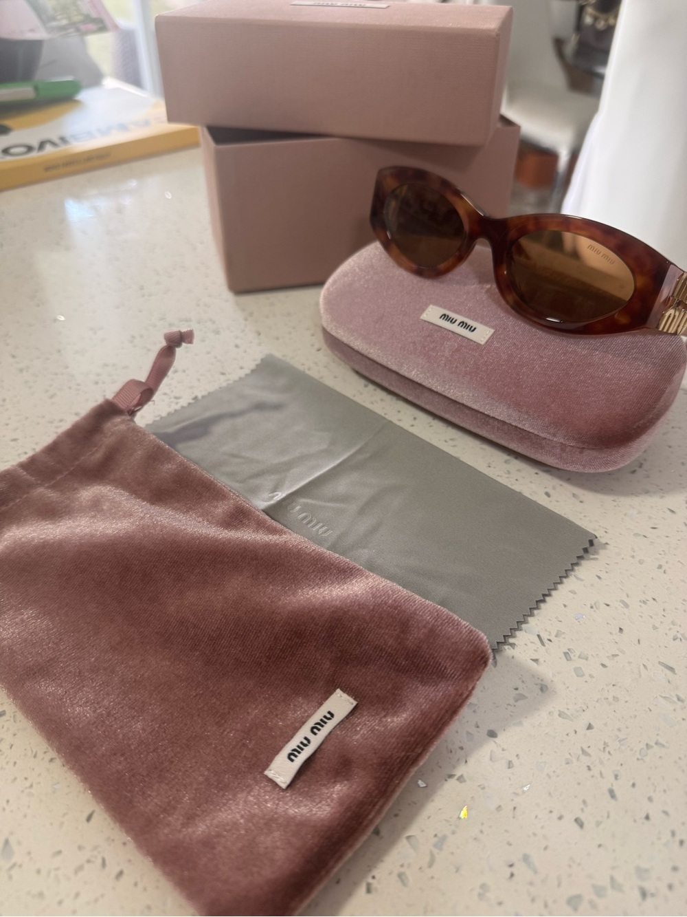 Miu Miu Tortoiseshell Sunglasses with Blush Pink Velvet Case & Pouch